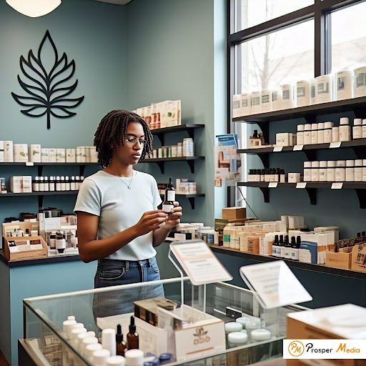 Black woman employee at cannabis dispensary holding product, with shelves of CBD products behind her - Online CBD Shops