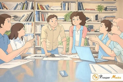Ghibli-style digital marketing team working on cannabis dispensary promotion for Online CBD Shops